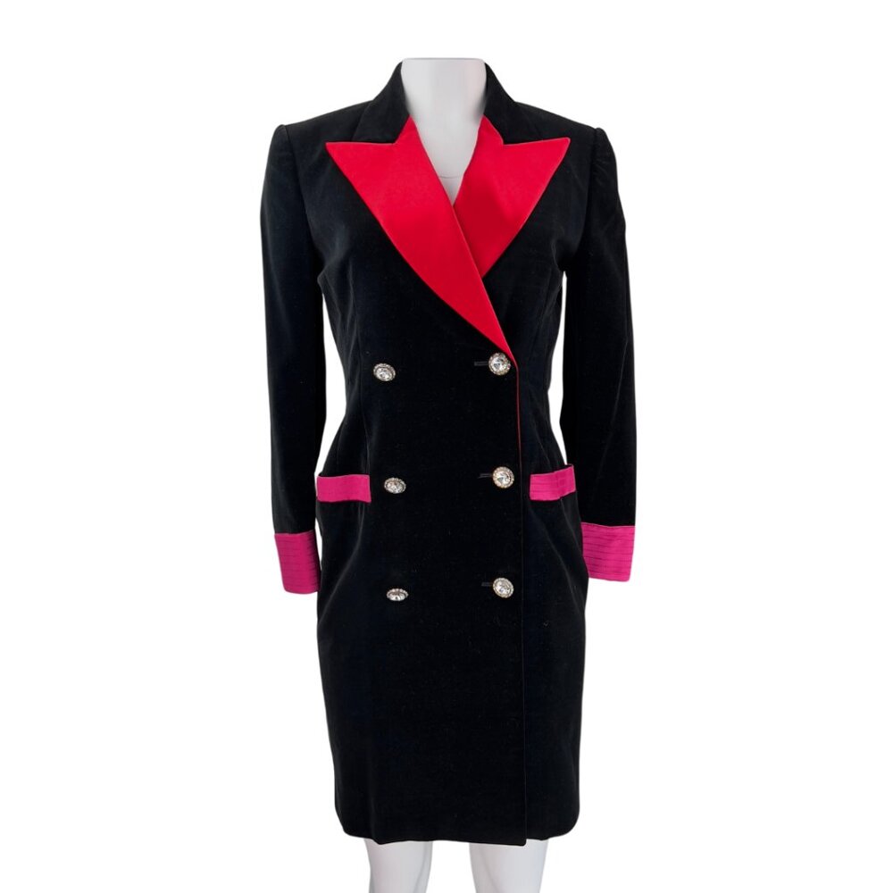 Escada Black Velvet Blazer Dress With Red Lapel